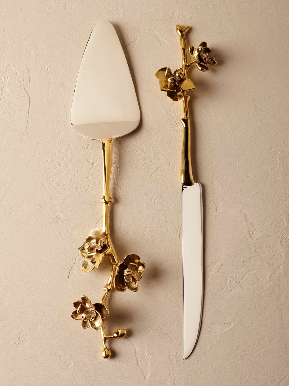 Anthropologie BHLDN Tree Blossom Brass Cake Serving Set Gold Floral